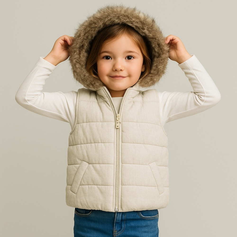 Crazy 8 Cream Puffer Vest with Faux Fur Hood Trim
